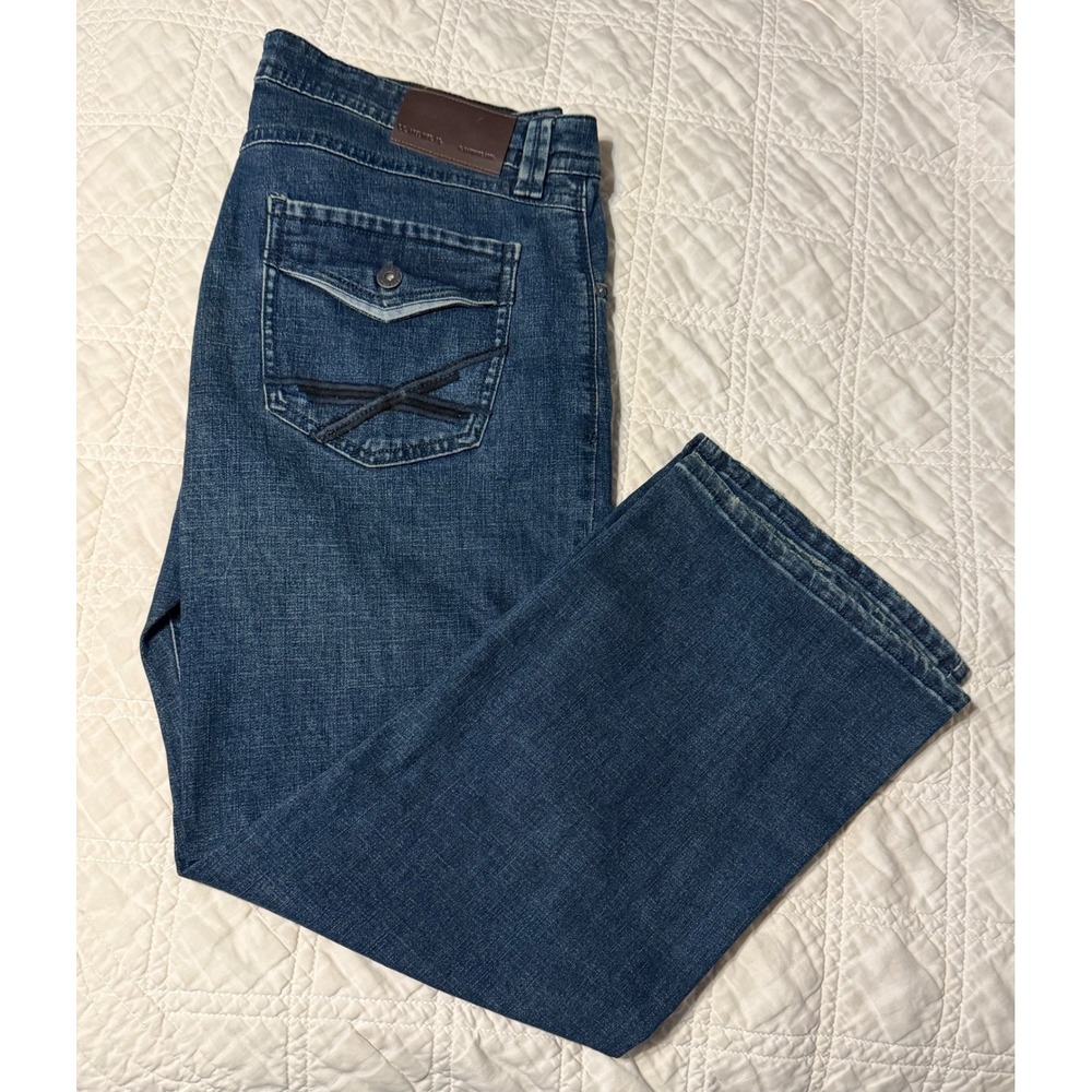 TK Axel Slim Boot Jeans Mens 36x30 Blue Denim Embroidered Flap Pockets
